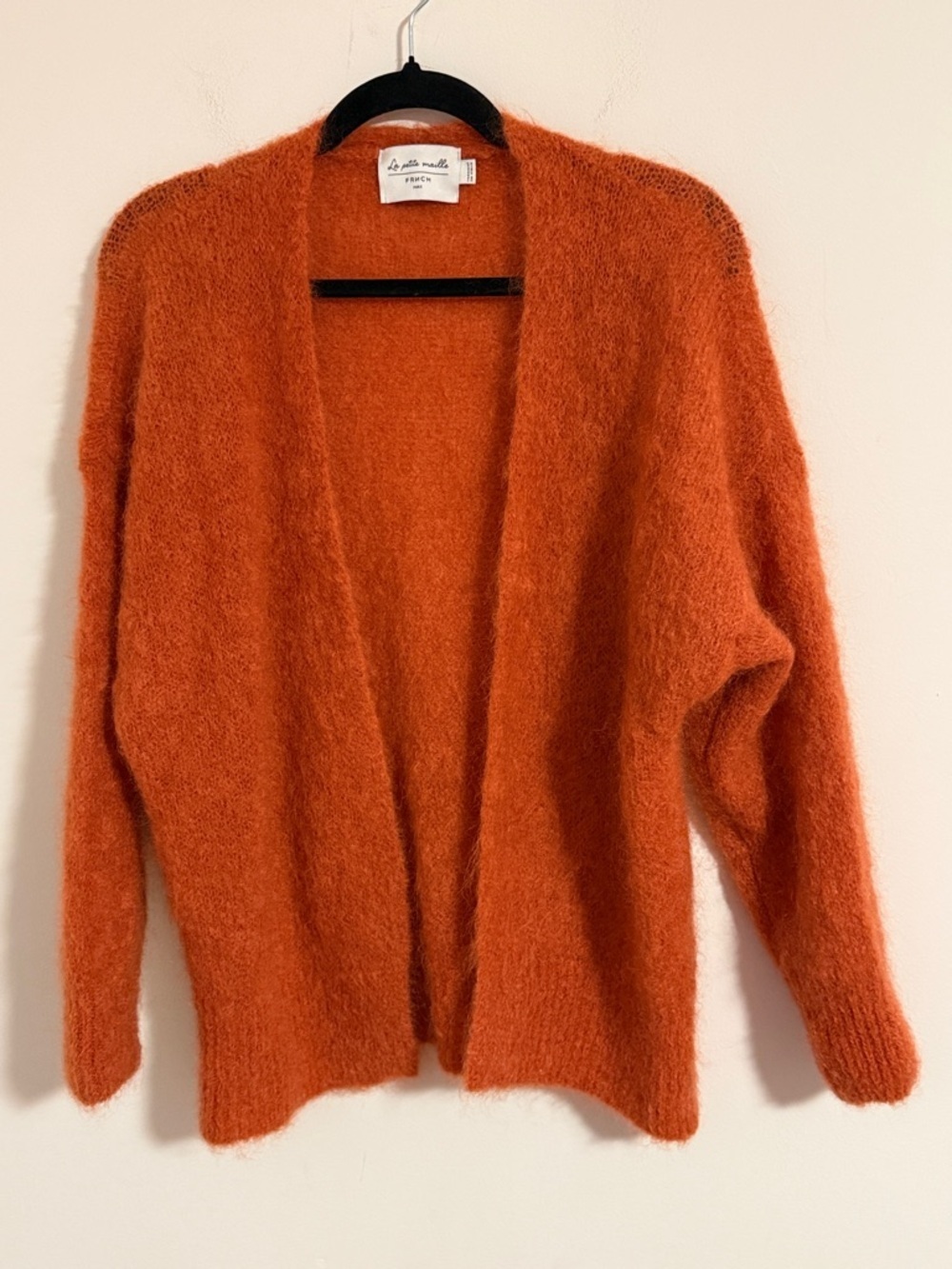 La petite Maille FRNCH Open-Front Rust-Orange mohair Fuzzy Cardigan S/M